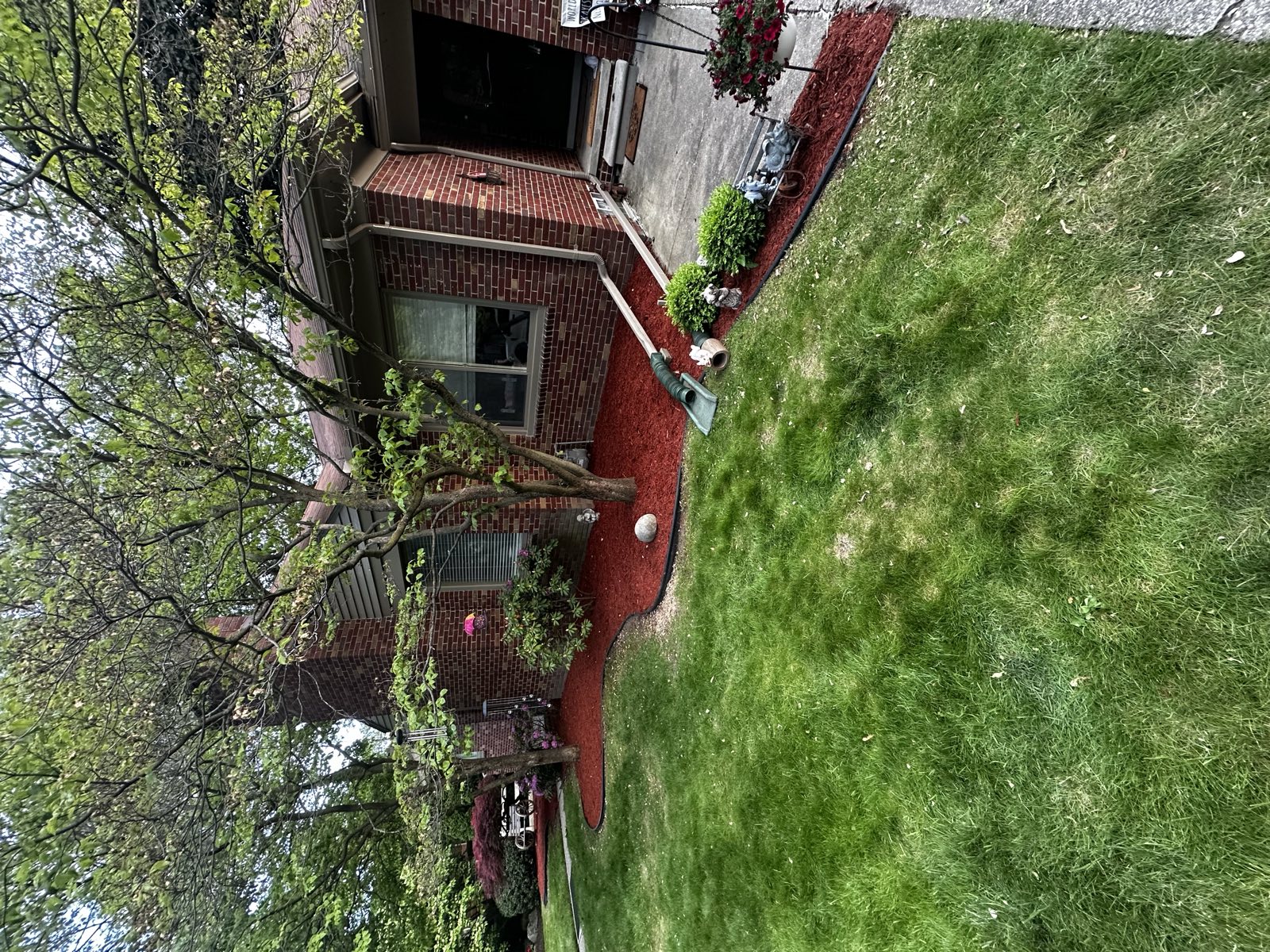 A freshly mulched landscape bed with trimmed shrubs along a brick home in Macomb County