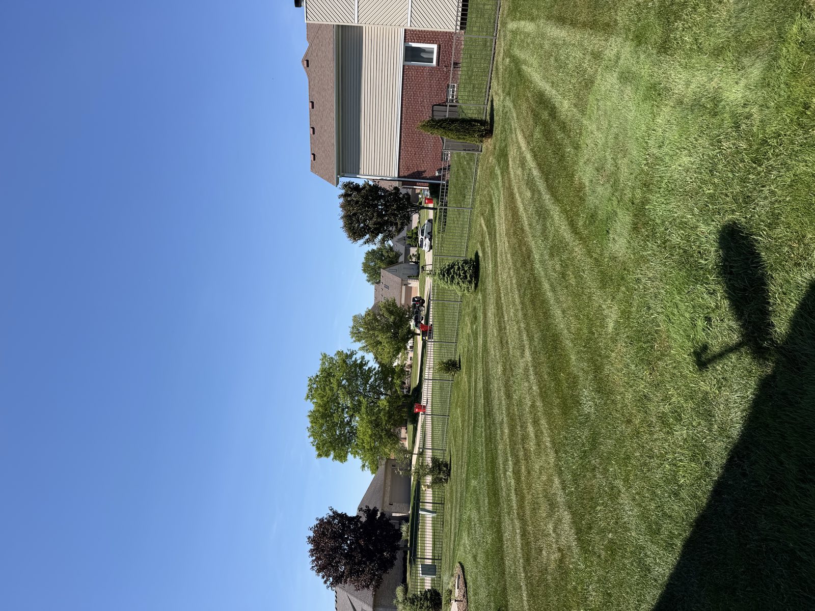 A precisely striped, freshly mowed backyard lawn maintained by Summit Snow and Lawn in Macomb County